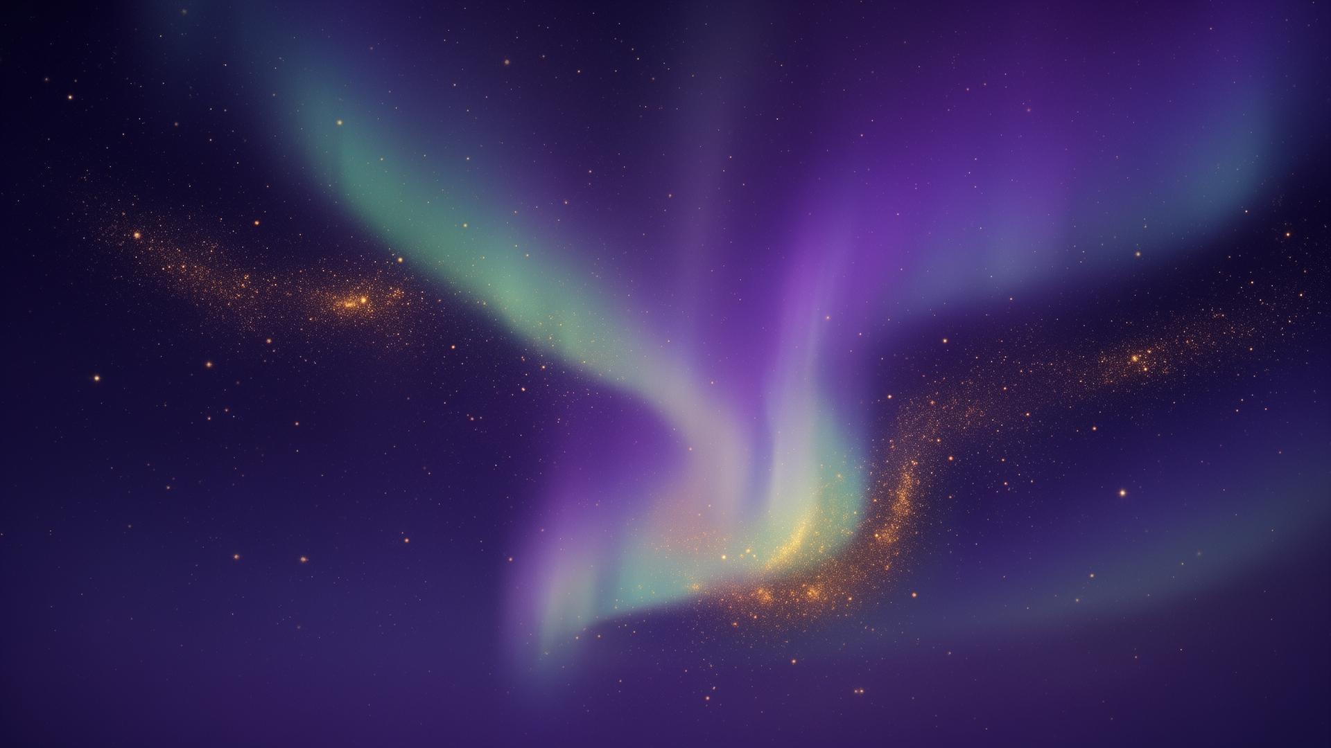 Deep indigo aurora nebula with violet light and gold star dust